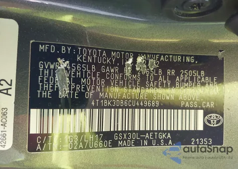 2012 Toyota Avalon из США, поврежденный, VIN 4T1BK3DB6CU449689